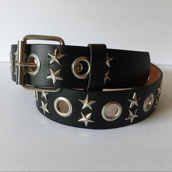 Accessories - Black Studded Hip Belt Silver Tone Buckle Stars